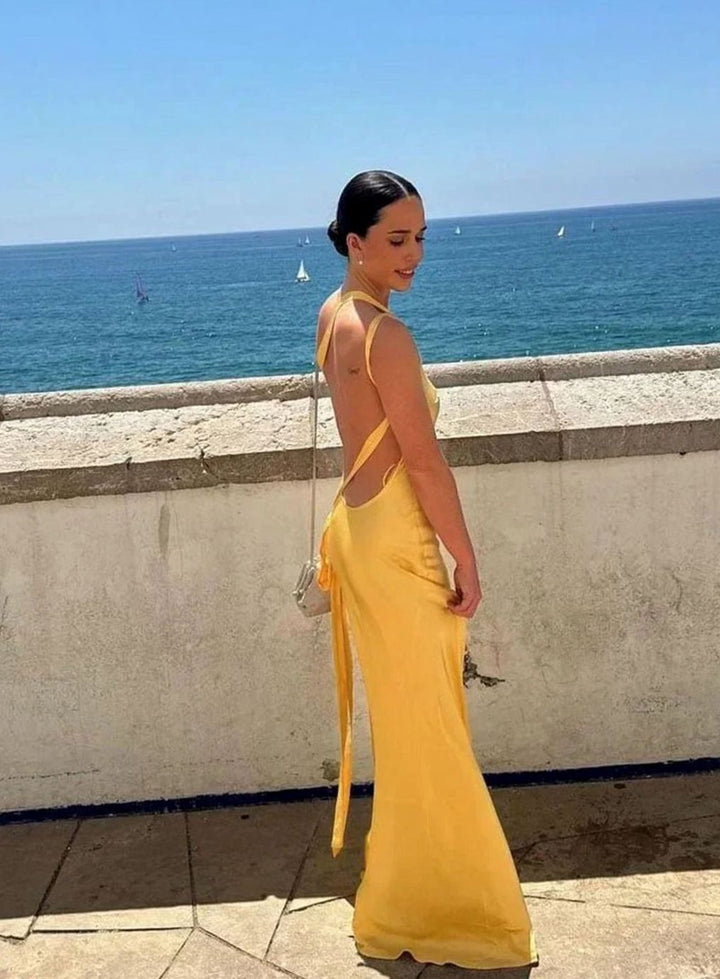 Women's Open Back Satin Maxi Dress Thin Strap Evening Gown