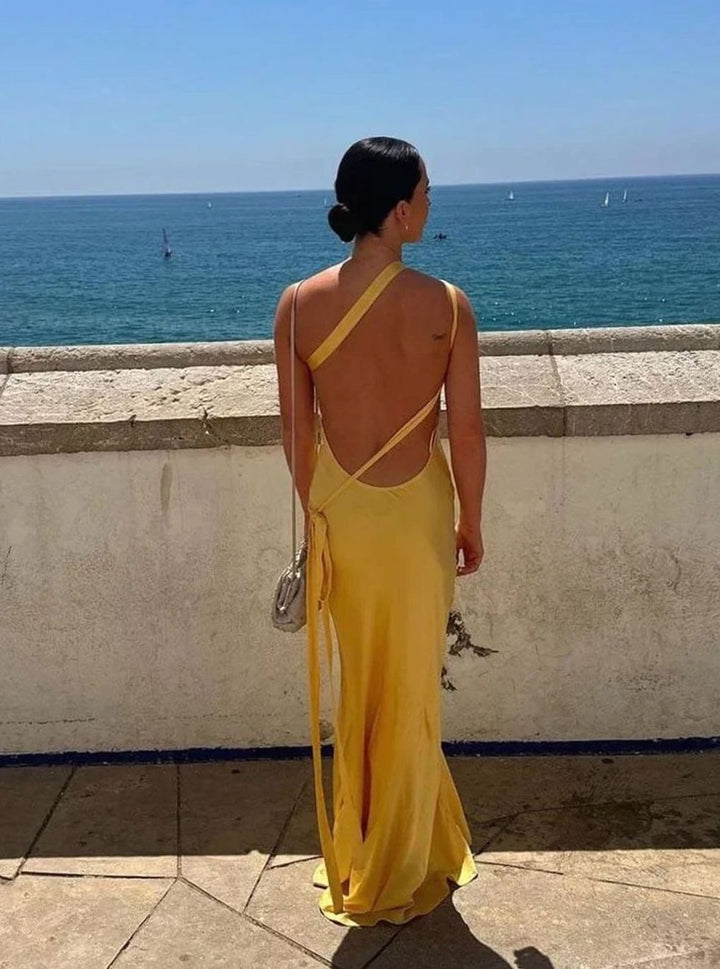 Women's Open Back Satin Maxi Dress Thin Strap Evening Gown
