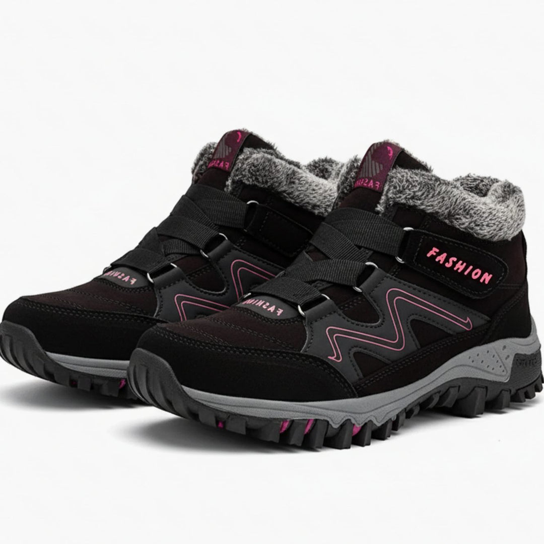 Women's Orthopedic Lace-Up Faux Fur Lined Winter Ankle Boots - Black Pink