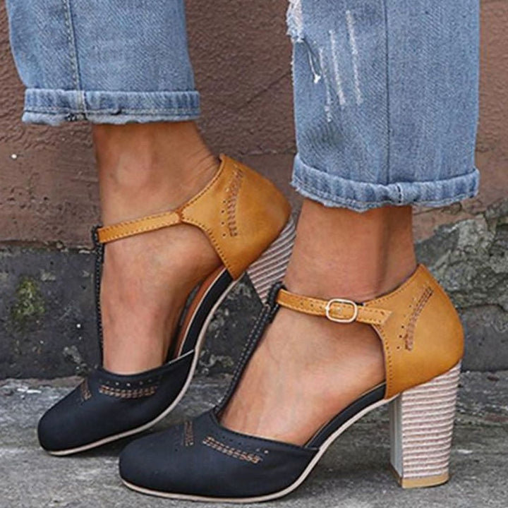 Women's Orthopedic T-Strap Block-Heel Heeled Shoes - Black