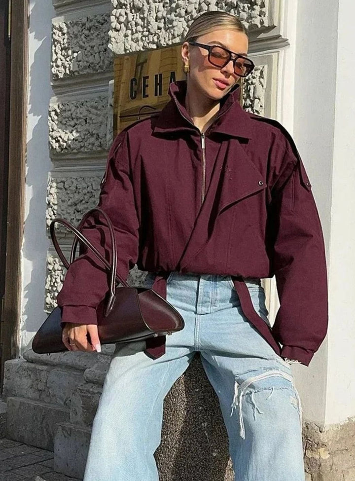 Women's Oversized Burgundy High-Collar Zip-Up Light Bomber Jacket - Burgundy