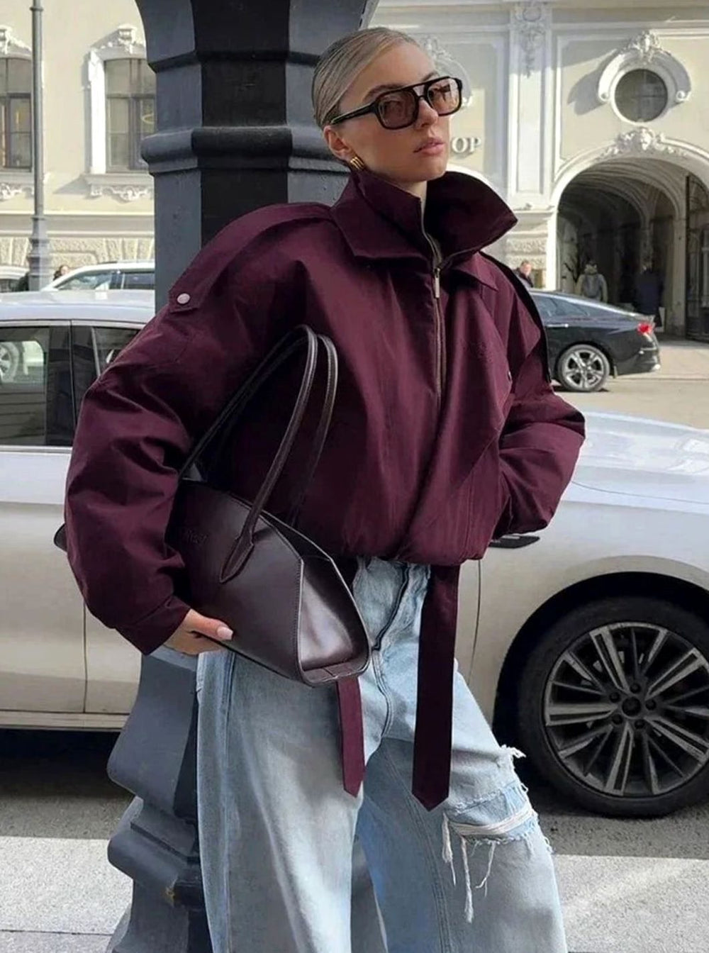 Women's Oversized Burgundy High-Collar Zip-Up Light Bomber Jacket
