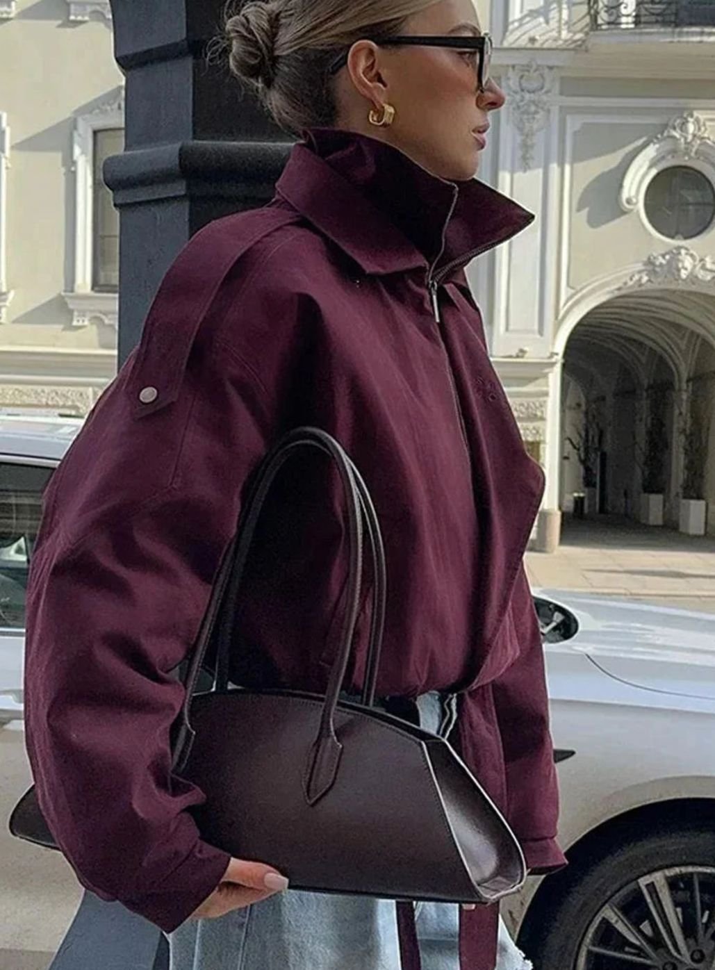 Women's Oversized Burgundy High-Collar Zip-Up Light Bomber Jacket