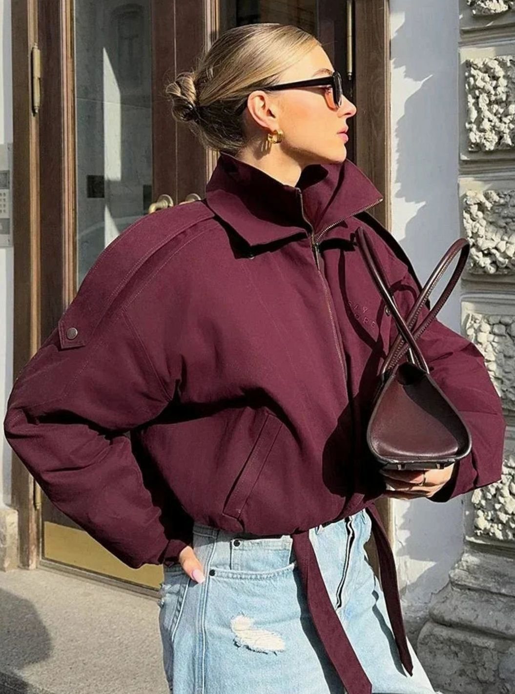 Women's Oversized Burgundy High-Collar Zip-Up Light Bomber Jacket