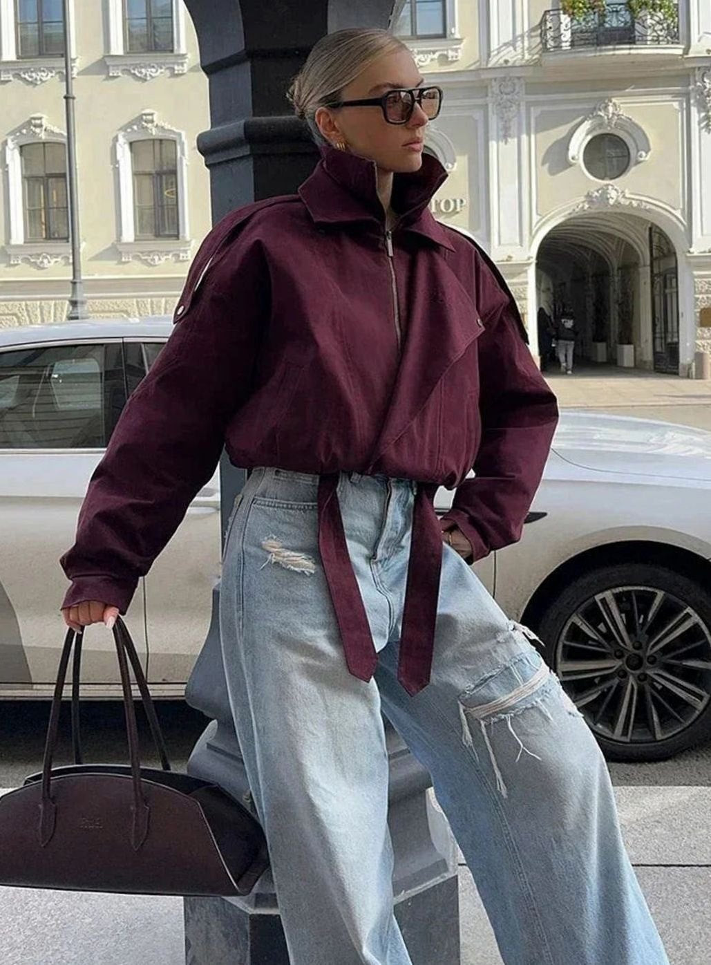 Women's Oversized Burgundy High-Collar Zip-Up Light Bomber Jacket