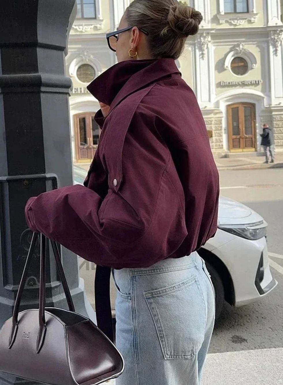 Women's Oversized Burgundy High-Collar Zip-Up Light Bomber Jacket