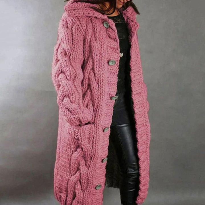 Women's Oversized Cable Knit Hooded Button Cardigan - Pink