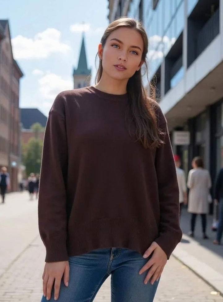 Women's Oversized Crew-Neck Long-Sleeve Light Knit Sweater - Dark Brown