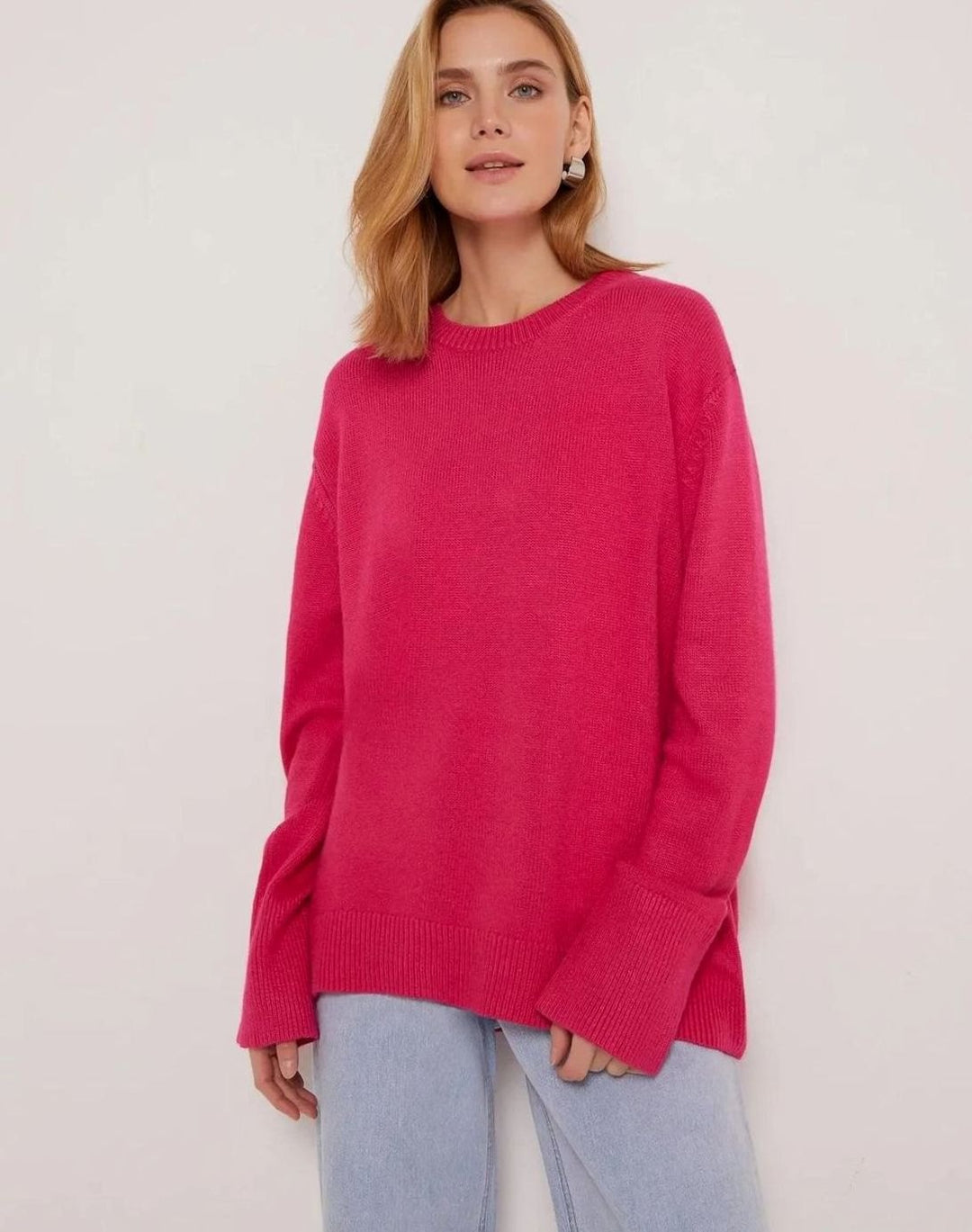 Women's Oversized Crew-Neck Long-Sleeve Light Knit Sweater - Coral Pink