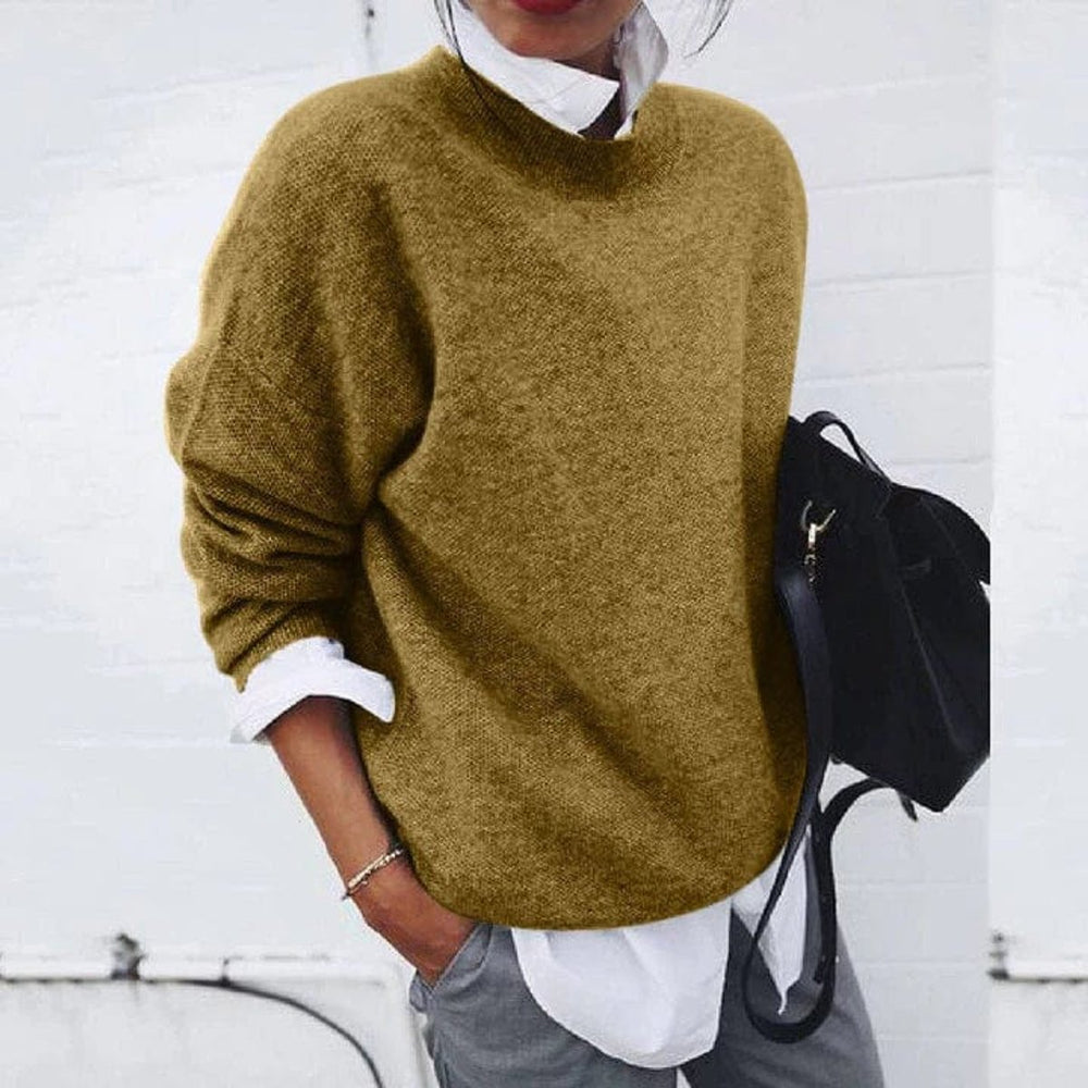 Women's Oversized Crew Neck Soft Knit Sweater - Khaki