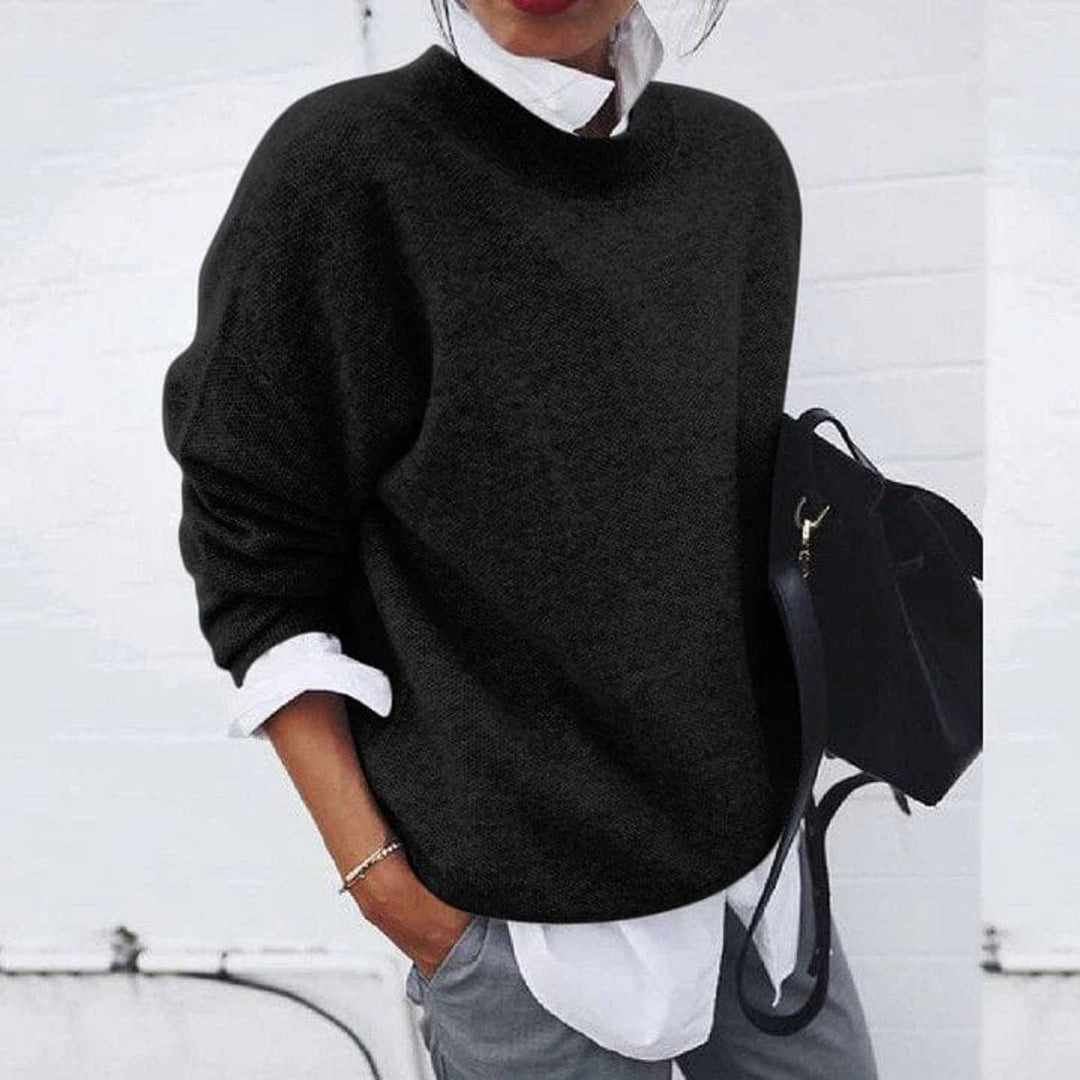 Women's Oversized Crew Neck Soft Knit Sweater - Black
