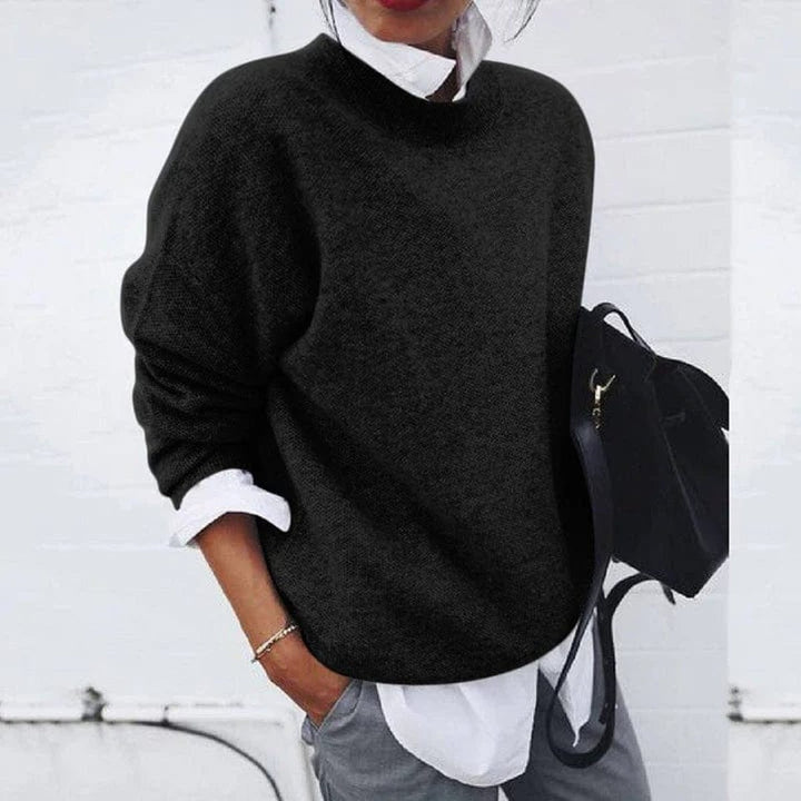 Women's Oversized Crew Neck Soft Knit Sweater - Black