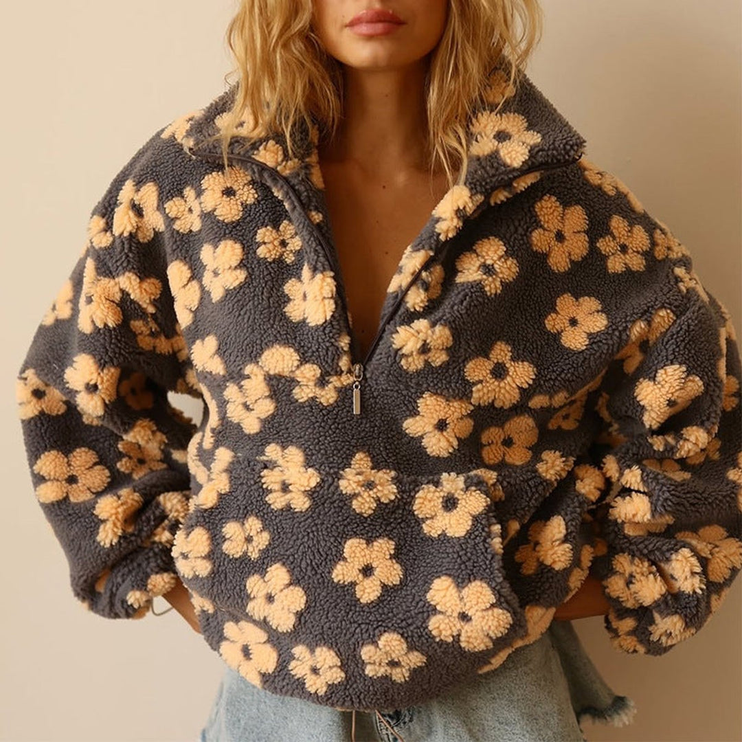 Women's Oversized Floral Sherpa Fleece Half-Zip Pullover Sweater - Yellow