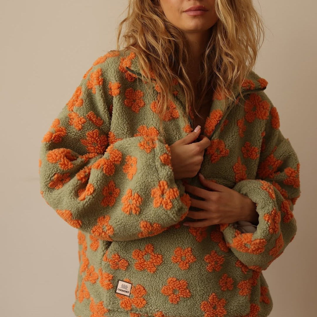 Women's Oversized Floral Sherpa Fleece Half-Zip Pullover Sweater - Orange