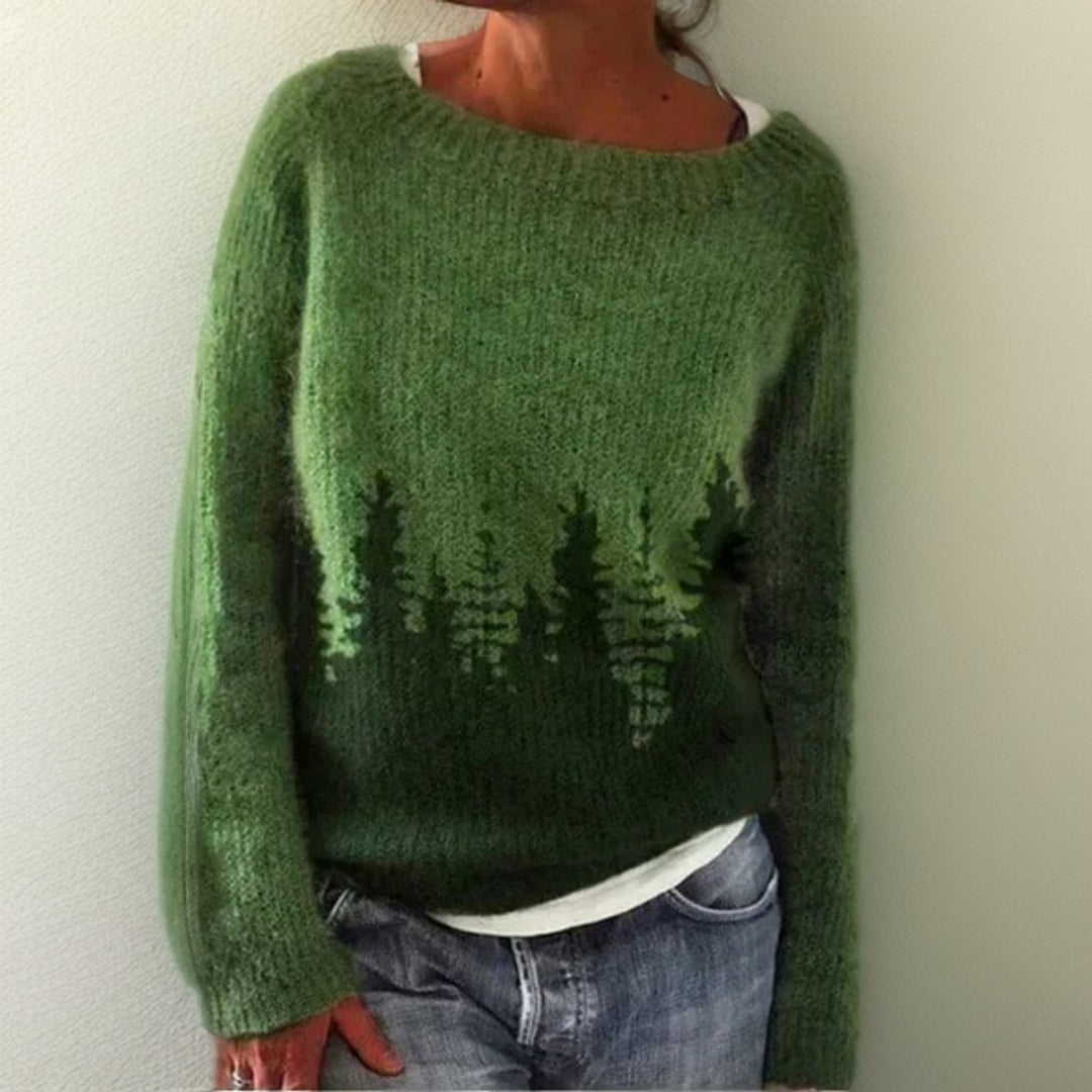 Women's Oversized Forest Print Crew-Neck Knit Sweater