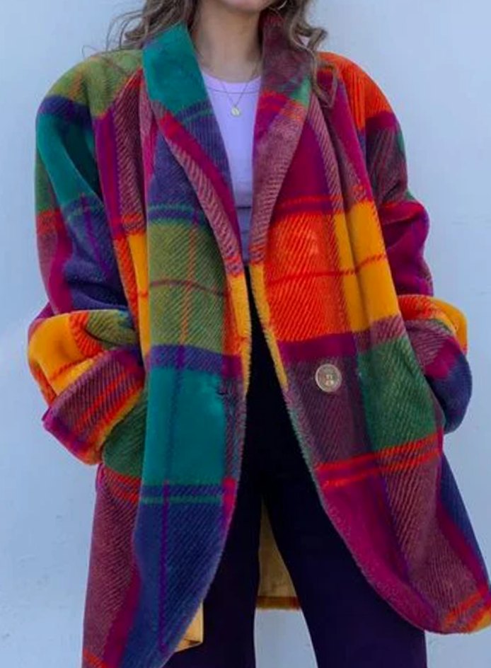 Women's Oversized Long Plaid Coat Relaxed Winter Outerwear - Checkered