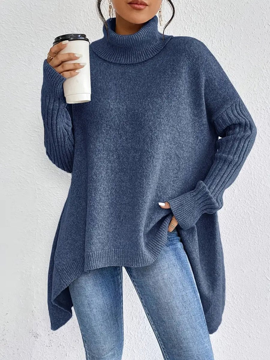 Women's Oversized Long Ribbed Turtleneck Sweater Asymmetric Hem - Ocean Blue