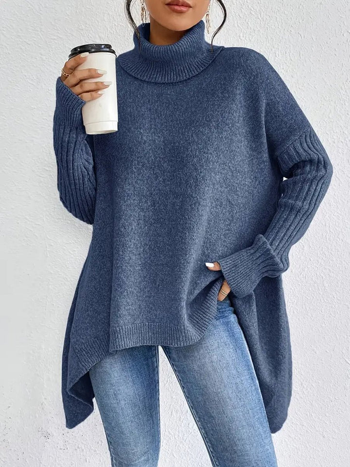 Women's Oversized Long Ribbed Turtleneck Sweater Asymmetric Hem - Ocean Blue