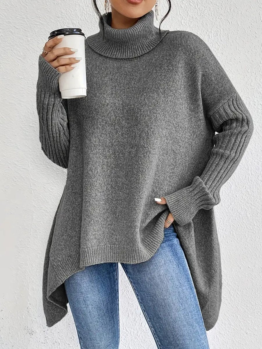 Women's Oversized Long Ribbed Turtleneck Sweater Asymmetric Hem - Stone Grey