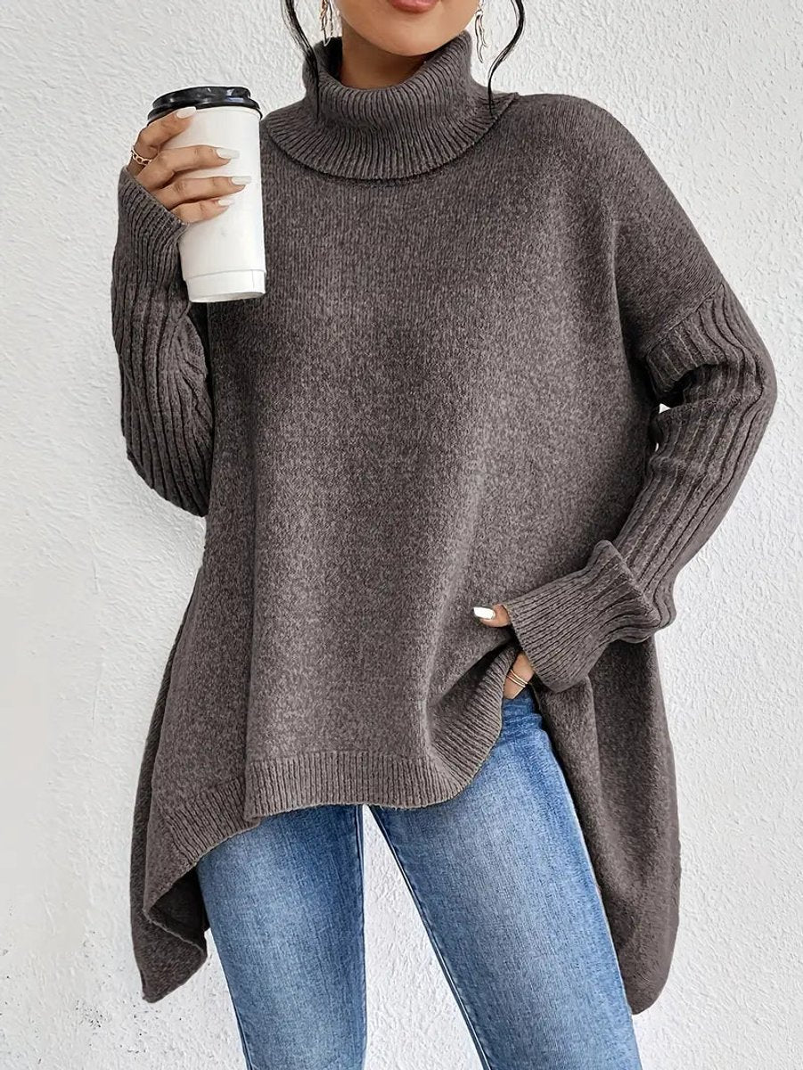 Women's Oversized Long Ribbed Turtleneck Sweater Asymmetric Hem - Espresso Brown