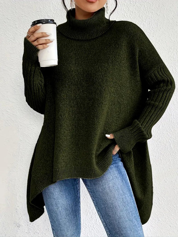Women's Oversized Long Ribbed Turtleneck Sweater Asymmetric Hem - Pine Green