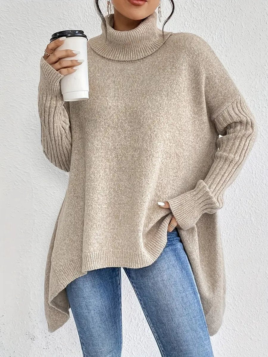 Women's Oversized Long Ribbed Turtleneck Sweater Asymmetric Hem - Desert Khaki