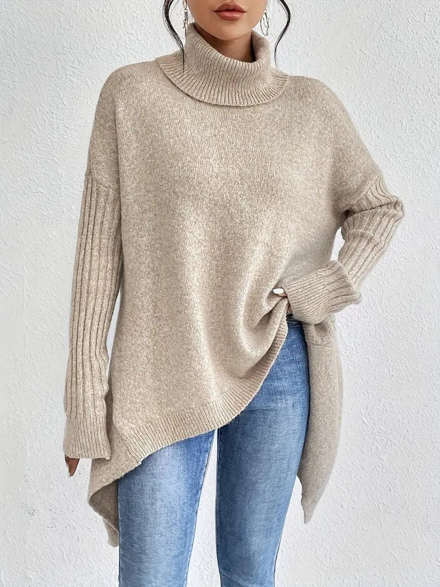 Women's Oversized Long Ribbed Turtleneck Sweater Asymmetric Hem