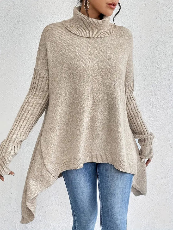 Women's Oversized Long Ribbed Turtleneck Sweater Asymmetric Hem