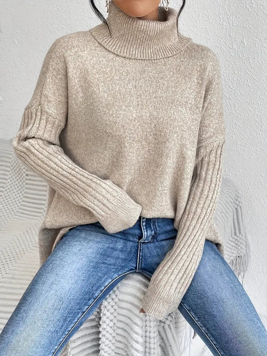 Women's Oversized Long Ribbed Turtleneck Sweater Asymmetric Hem