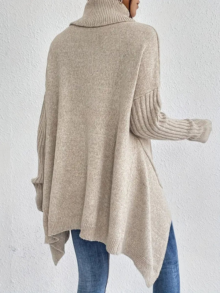 Women's Oversized Long Ribbed Turtleneck Sweater Asymmetric Hem