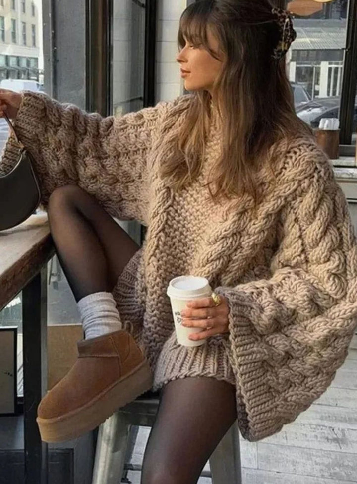 Women's Oversized Loose Cable-Knit Wide-Sleeve Pullover Sweater - Light Brown