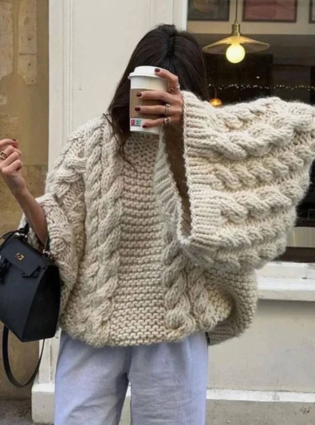 Women's Oversized Loose Cable-Knit Wide-Sleeve Pullover Sweater - White