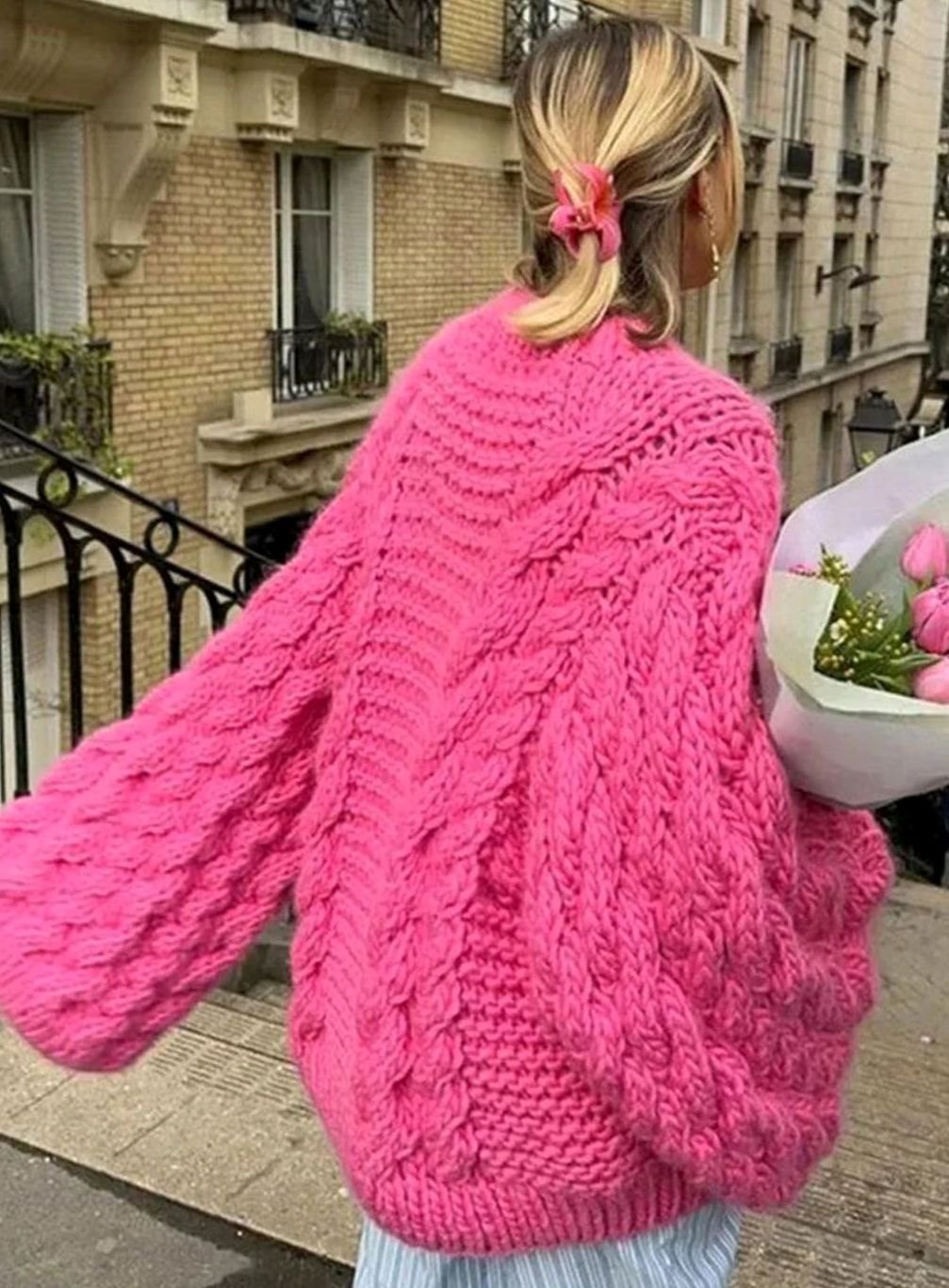 Women's Oversized Loose Cable-Knit Wide-Sleeve Pullover Sweater - Pink