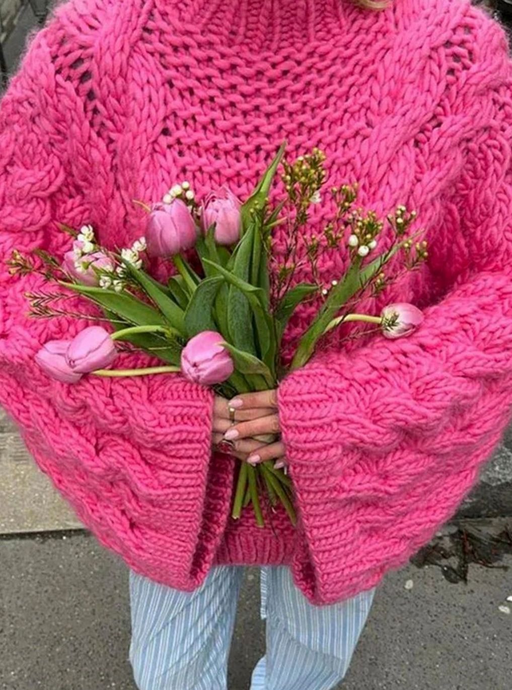 Women's Oversized Loose Cable-Knit Wide-Sleeve Pullover Sweater