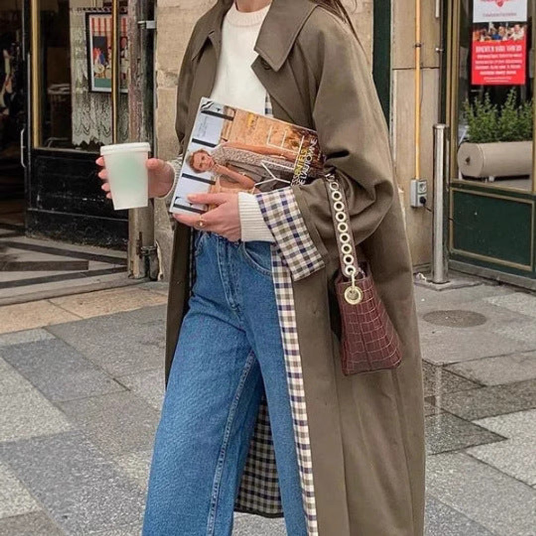 Women's Oversized Plaid-Lined Cotton-Blend Trench Coat