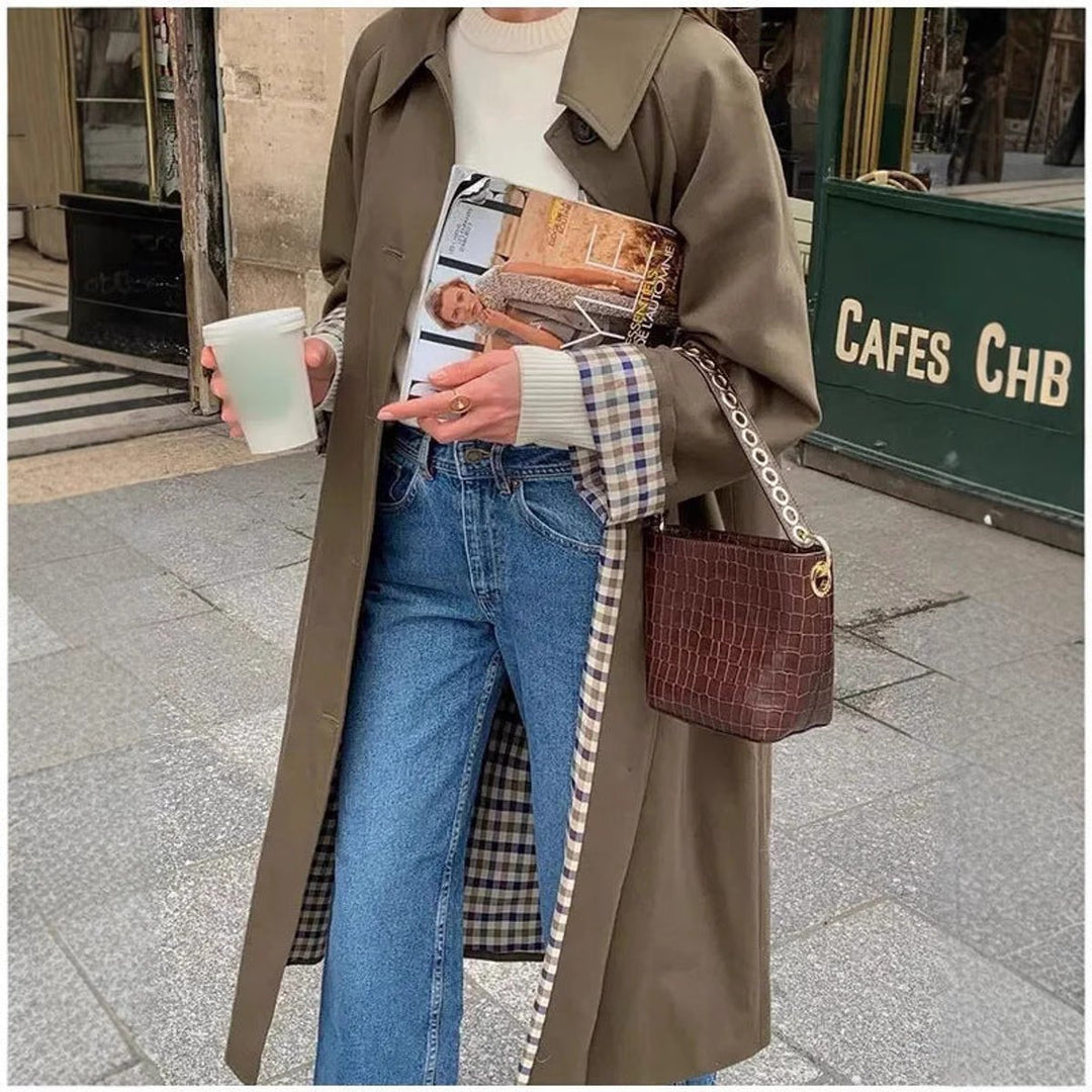Women's Oversized Plaid-Lined Cotton-Blend Trench Coat