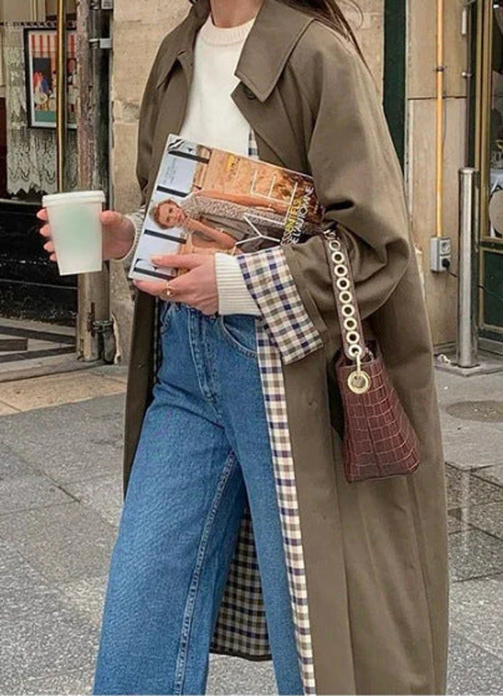 Women's Oversized Plaid-Lined Cotton-Blend Trench Coat - Khaki
