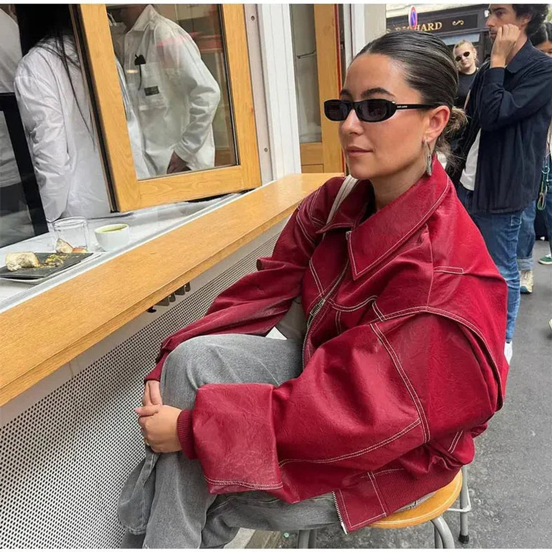 Women's Oversized Quilted Jacket Zip-Up Bomber Red
