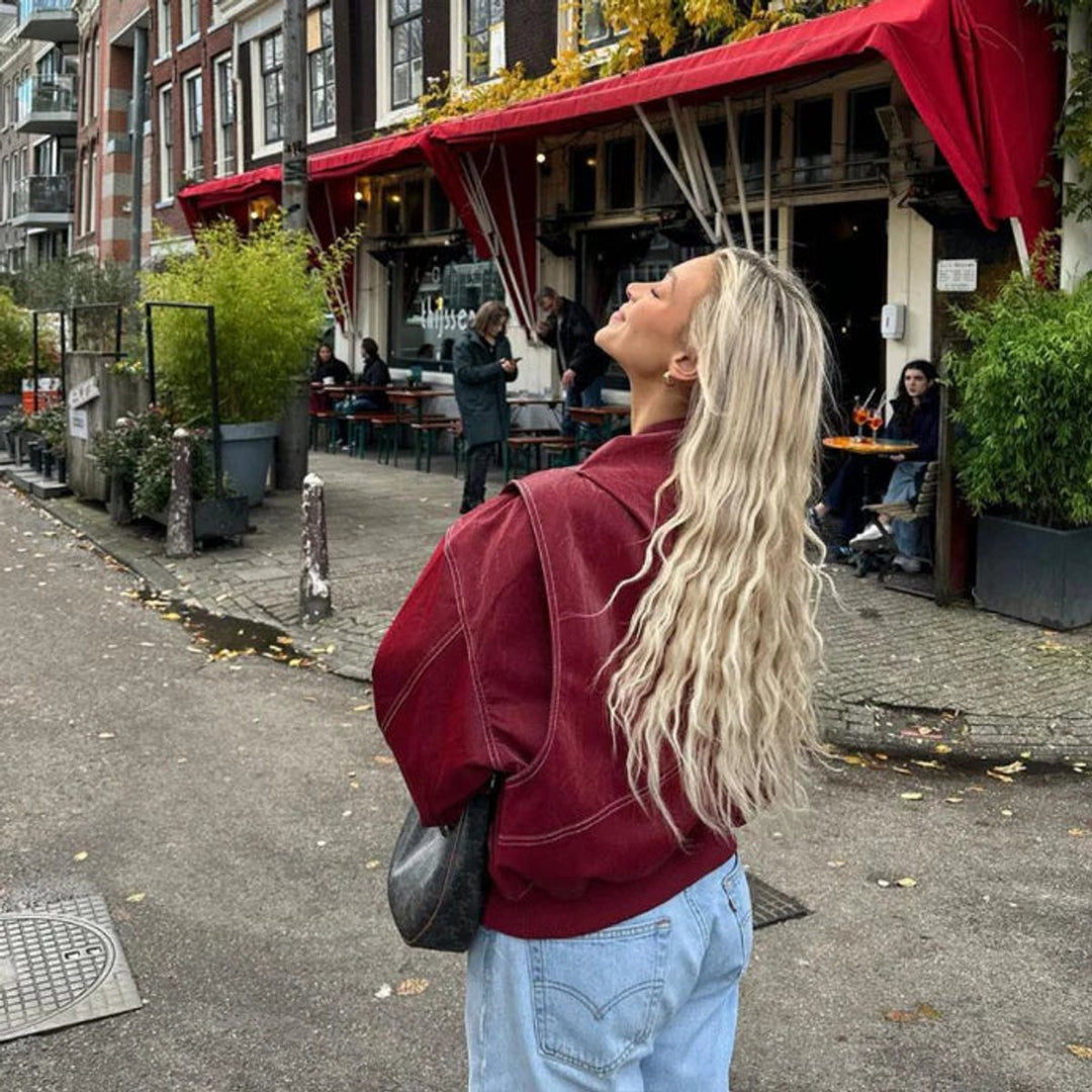 Women's Oversized Quilted Jacket Zip-Up Bomber Red