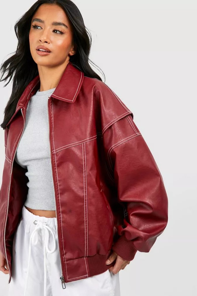 Women's Oversized Quilted Jacket Zip-Up Bomber Red - Wine Red
