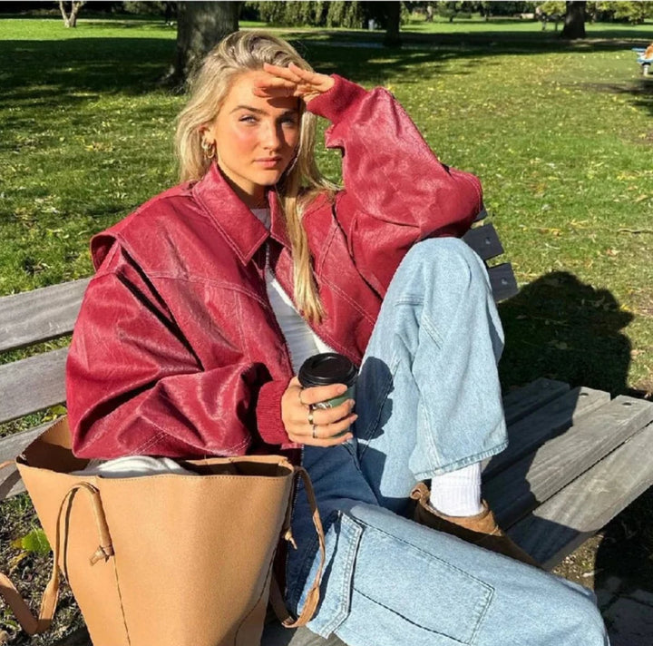 Women's Oversized Quilted Jacket Zip-Up Bomber Red