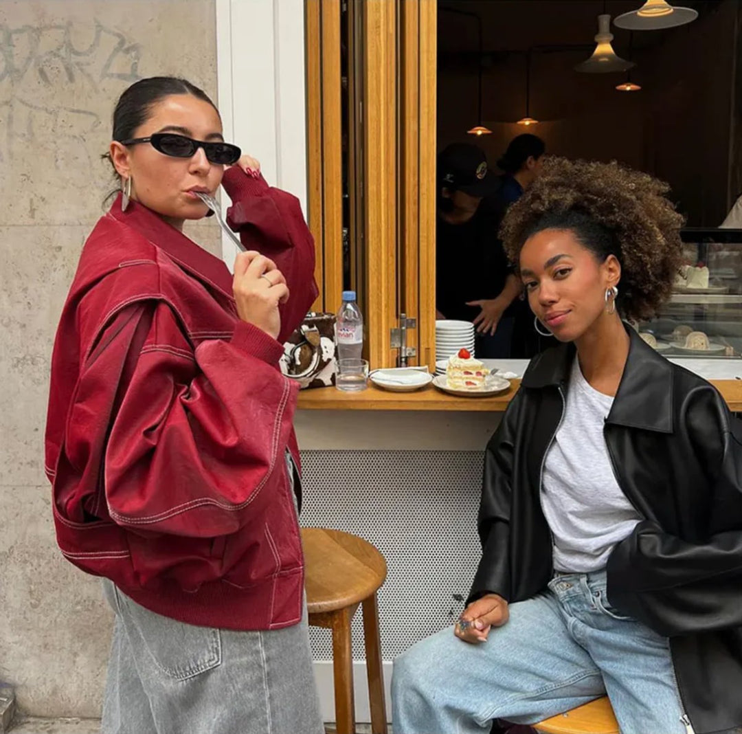 Women's Oversized Quilted Jacket Zip-Up Bomber Red