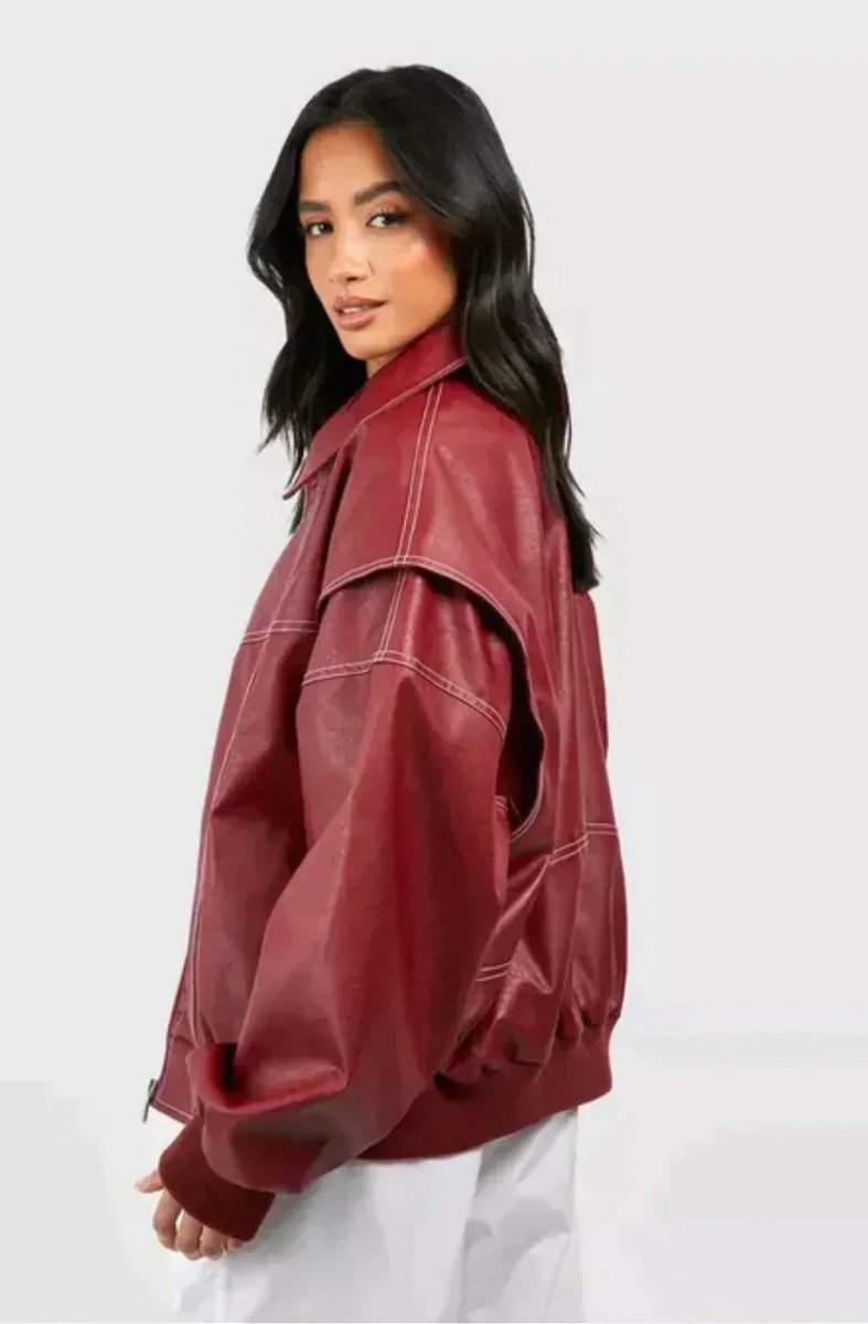 Women's Oversized Quilted Jacket Zip-Up Bomber Red