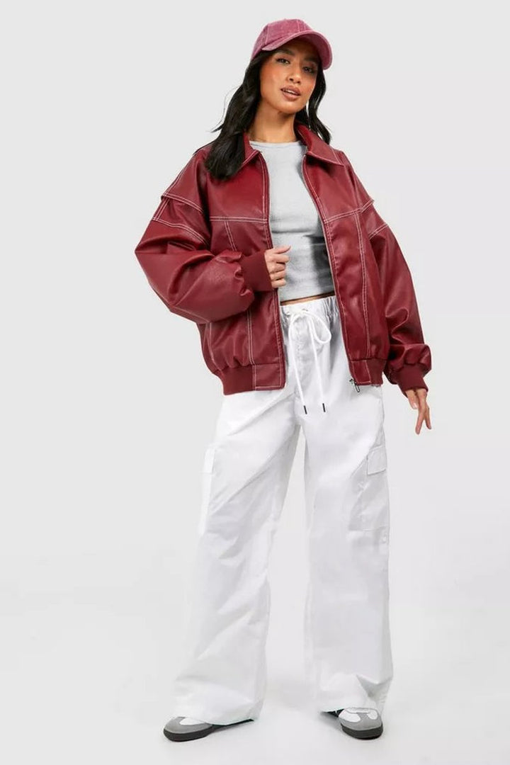 Women's Oversized Quilted Jacket Zip-Up Bomber Red