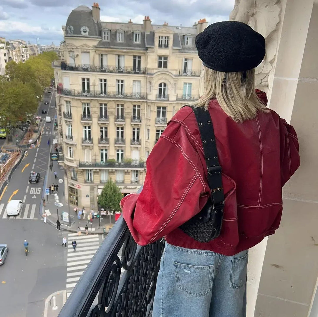 Women's Oversized Quilted Jacket Zip-Up Bomber Red