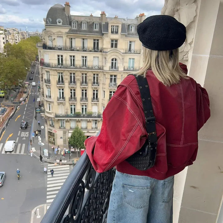Women's Oversized Quilted Jacket Zip-Up Bomber Red