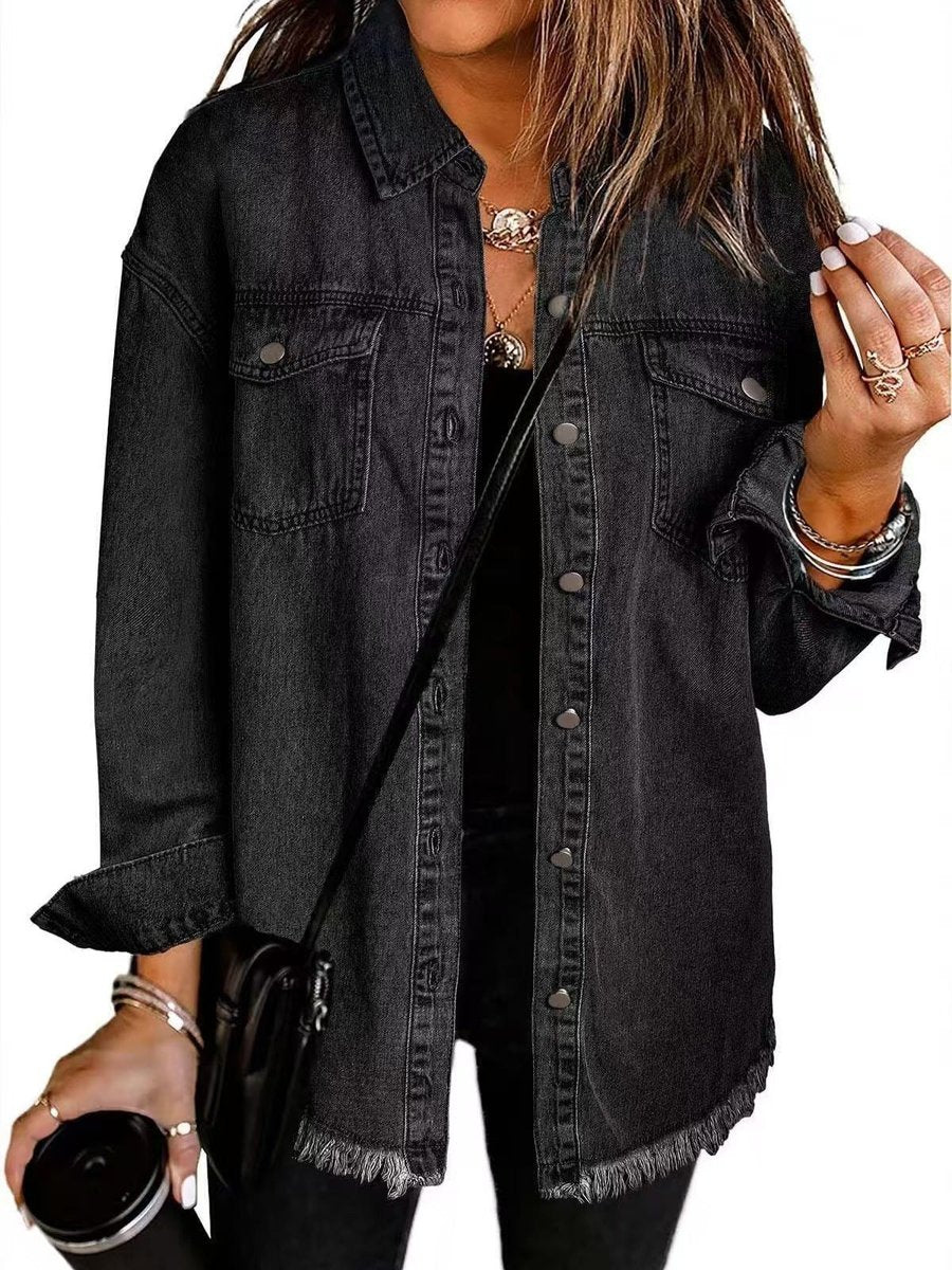 Women's Oversized Raw-Hem Snap-Button Denim Jacket - Black