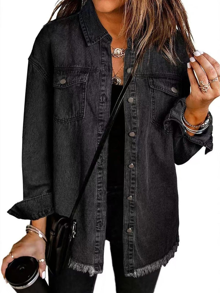 Women's Oversized Raw-Hem Snap-Button Denim Jacket - Black