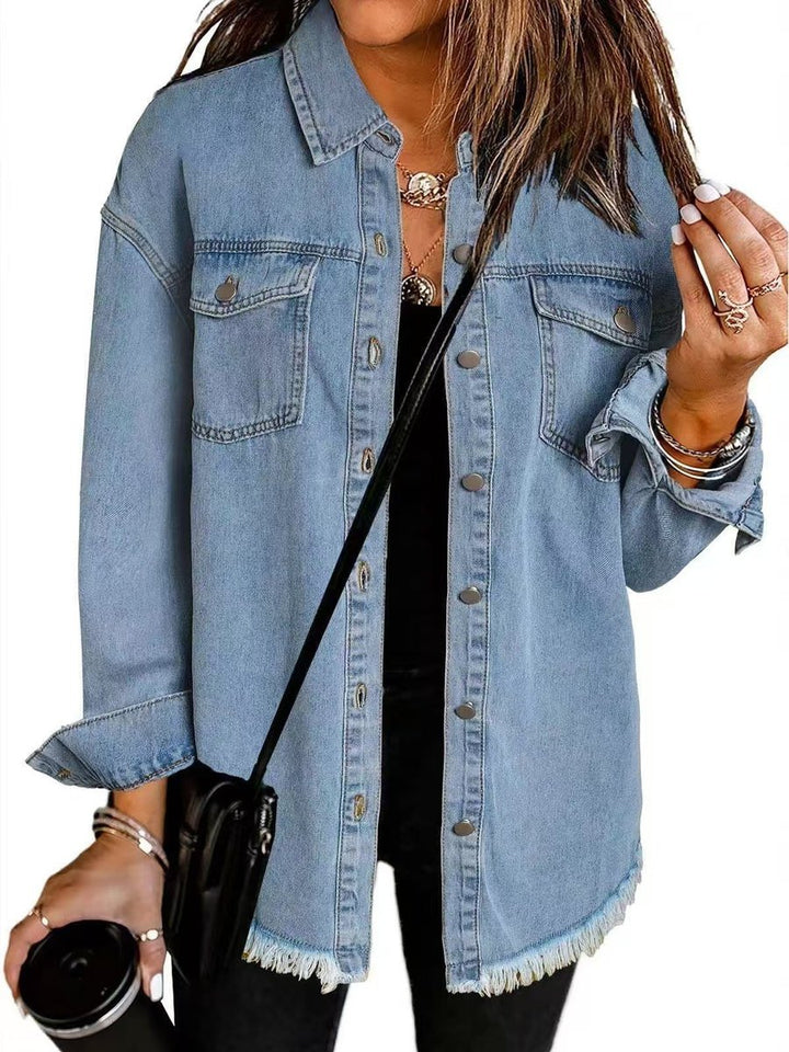 Women's Oversized Raw-Hem Snap-Button Denim Jacket - Light Blue