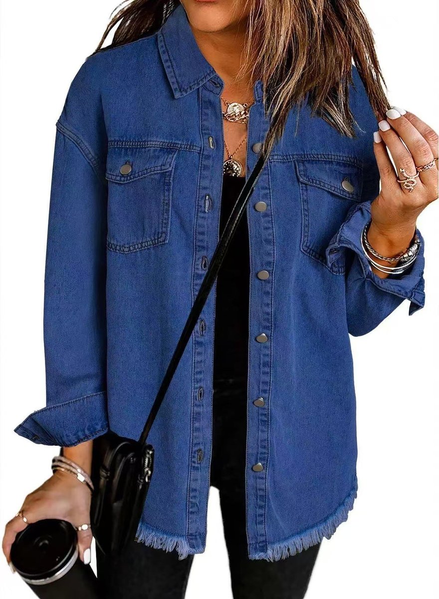 Women's Oversized Raw-Hem Snap-Button Denim Jacket - Dark Blue